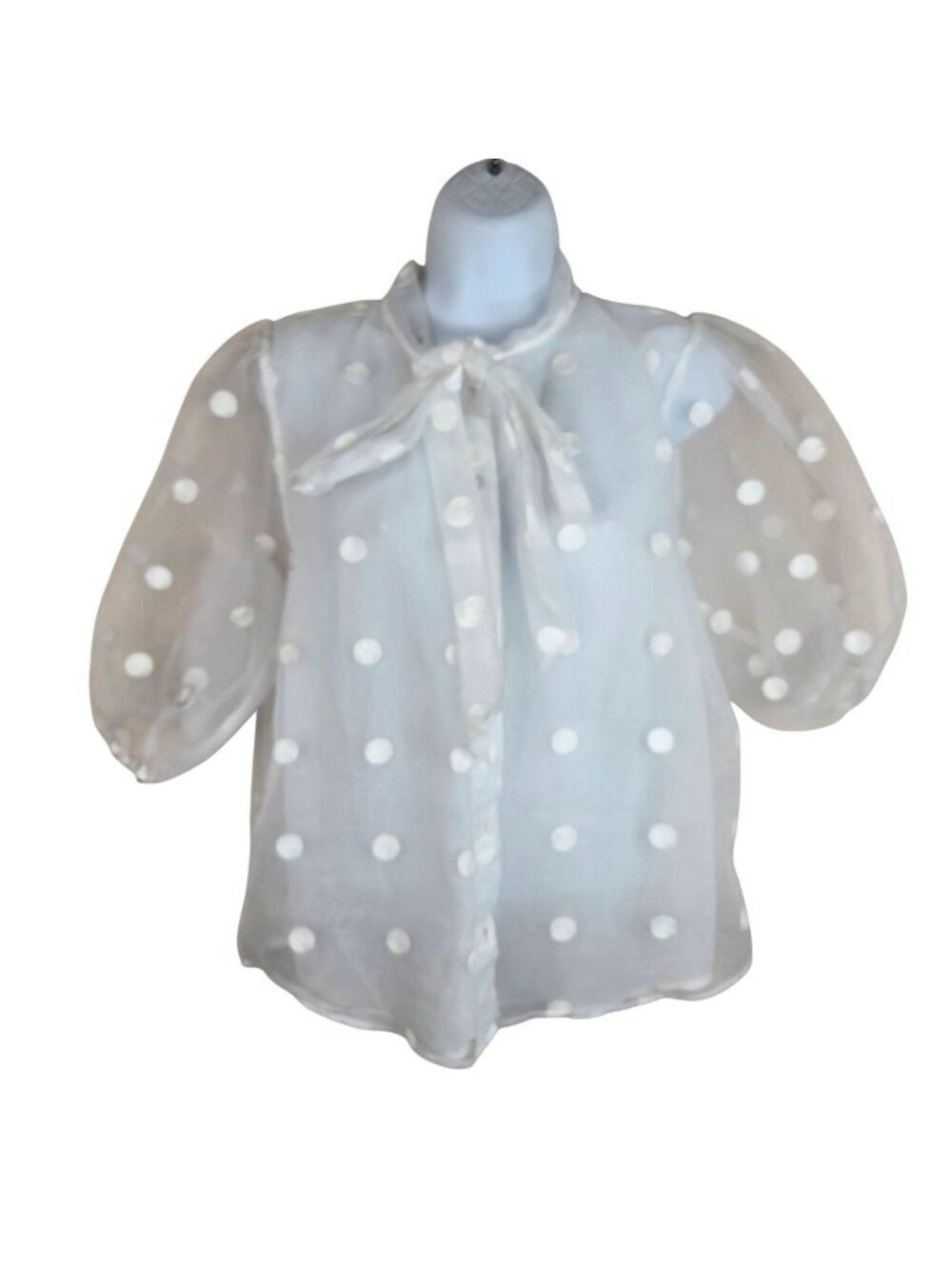 Marc New York Sheer White Polka Dot Blouse Puff Sleeves Bow Tie Neck Size S